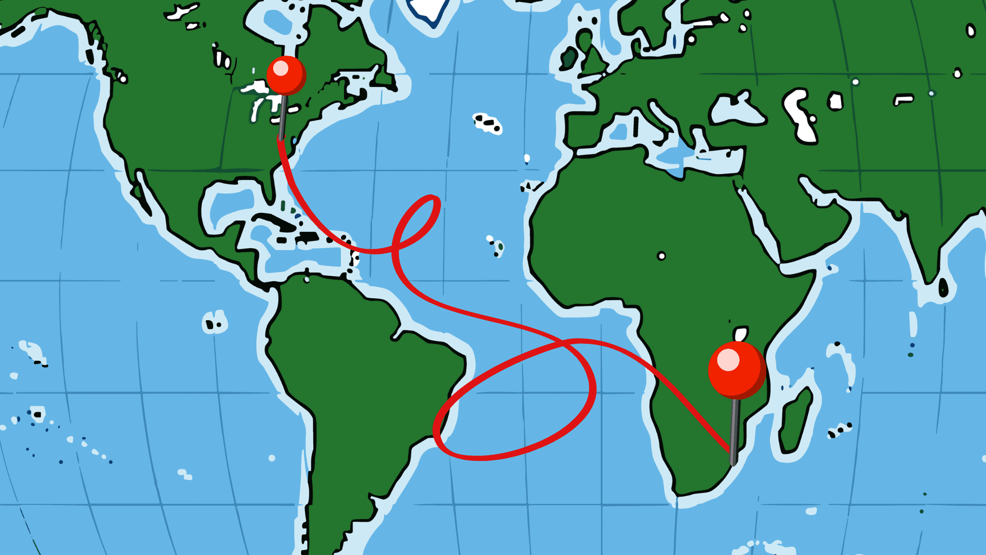 Cartoon world map with red pins in West Virginia and Durban, South Africa, joined by a looping red string across the Atlantic